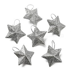 Decoraciones colgantes de estrella de brillo de plástico, cinta de seda árbol de navidad decoración colgante, plata, 43x46x16.5mm