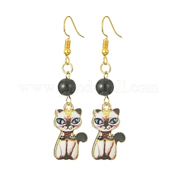 Boucles d'oreilles pendantes en forme de chat en alliage de placage en rack, avec perles acryliques, fumée blanche, 56x14.5mm