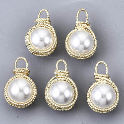 Colgantes de perlas de imitación de plástico abs, con fornituras reales de latón chapado en oro de 18 k, redondo, blanco cremoso, 14x9.5x8mm, agujero: 1.8 mm