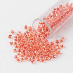 11/0 Grade A Round Glass Seed Beads, Transparent Inside Colours, Light Salmon, 2.3x1.5mm, Hole: 1mm, about 48500pcs/pound