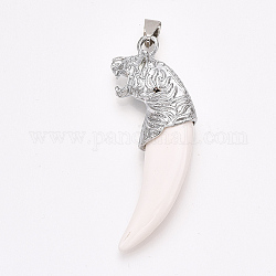 Resin Big Pendants, with Alloy Findings, Tiger Tooth Shape, Platinum, 61x24x10.5mm, Hole: 8~10x3~4mm