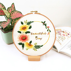 DIY-Stickset mit Blumenmuster, inklusive Sticknadeln und Garn, Leinenstoff aus Baumwolle, Wort schöner Tag, Gelb, 290x290 mm