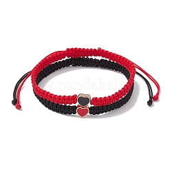 2Pcs 2 Colors Braided Nylon Thread, Chinese Knotting Cord Beading Cord Braided Bead Best Friends Bracelts, with Alloy Enamel Beads, Heart, Black, Red, 60~110, 1pc/color