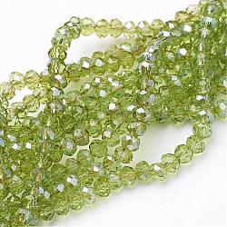 Electroplate Glass Faceted Rondelle Beads Strands, Half Plated, Yellow Green, 4x3mm, Hole: 1mm, about 140pcs/strand, 16.5 inch