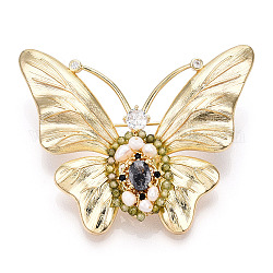 Spille a farfalla con perle naturali e vetro da donna, perni in ottone con zirconi cubici, vero placcato oro 14k, 46x56x13mm