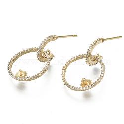 Brass Micro Pave Cubic Zirconia Stud Earring Findings, for Half Drilled Beads, Ring Shape, Real 18K Gold Plated, Clear, 25mm, Pin: 0.7mm
