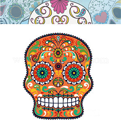 Tatuajes de arte de cuerpo luminoso de tema de halloween pegatinas, pegatinas de papel de tatuajes temporales removibles, cráneo, colorido, 85x60mm