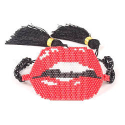 Pulsera de eslabones de labios de semillas miyuki con doble borla, pulsera de moda ajustable para mujer, rojo, 11 pulgada (28 cm)