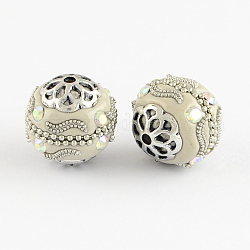 Round Handmade Grade A Rhinestone Indonesia Beads, with Alloy Antique Silver Metal Color Cores, Light Grey, 18mm, Hole: 2mm