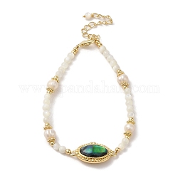 Ovales Gliederarmband aus natürlicher Paua-Muschel mit Perlen, echtes 14k vergoldet, 6-3/8 Zoll (16.3 cm)