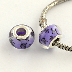 Large Hole Butterfly Pattern Acrylic European Beads, with Platinum Plated Brass Double Cores, Rondelle, Medium Purple, 14x9mm, Hole: 5mm
