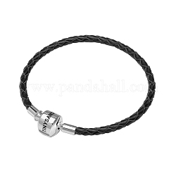 Tinysand rhodié 925 fabrication de bracelet en cuir tressé en argent sterling, avec platine plaqué fermoir européen, noir, 180mm