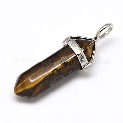 Faceted Bullet Natural Tiger Eye Pointed Pendants, with Platinum Plated Brass Findings, 38~45x10mm, Hole: 3x5mm