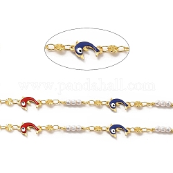 Colorful Enamel Dolphin with Evil Eye & Brass Flat Round Link Chains, with ABS Plastic Imitation Pearl Beaded, Soldered, with Spool, Real 18K Gold Plated, 16.5x3mm, 12.5x8.5x2.5mm, 4x0.5mm