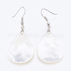 White Shell Dangle Earrings, with Brass Findings, teardrop, Platinum, 52.5~53.5mm, Pin: 0.7mm