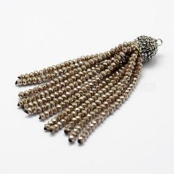 Gros pendentifs de gland de perles en verre, avec les accessoires de strass en laiton, chameau, 76x10.8mm, Trou: 2.5mm