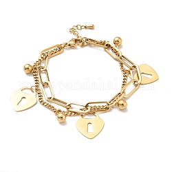 Bracelet multirangs charm cadenas et boule ronde, placage sous vide 304 bracelet double chaîne en acier inoxydable pour femme, or, 7-1/2 pouce (19 cm)