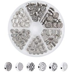 PandaHall Elite 120pcs 6 Styles Antique Silver Tibetan Alloy Flat Round Spacer Beads Metal Spacers for Bracelet Necklace Jewelry Making(Star, Spiral, Flower, Flower, Rhombus)