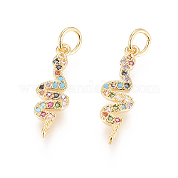 Brass Micro Pave Cubic Zirconia Pendants, with Jump Rings, Long-Lasting Plated, Snake, Colorful, Golden, 18x6x2mm, Hole: 3mm