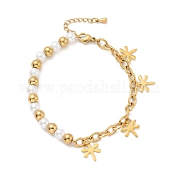 201 bracelet à breloques libellule en acier inoxydable, bracelet en perles de plastique avec placage sous vide 304 chaînes de câbles en acier inoxydable pour femmes, or, 7-1/2 pouce (19 cm)