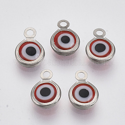 Breloques vernisées manuelles, avec accessoires en 304 acier inoxydable, rond et plat avec des mauvais œil, rouge, 9.5x6.5x2.5mm, Trou: 1.5mm