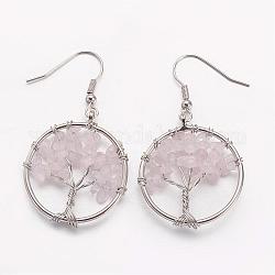 Orecchini pendenti, con perle di quarzo rosa naturale e ganci in ottone, Anello con l'albero della vita, 50mm, ago :0.6mm