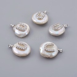 Natural Cultured Freshwater Pearl Pendants, with Micro Pave Cubic Zirconia, Brass Findings, Long-Lasting Plated, Letter, Real 18K Gold Plated, Letter.U, 14~28x9~16x5~9mm, Hole: 1.5mm