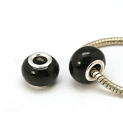 Handmade Lampwork European Beads, with Silver Plated Brass Core, Rondelle, Black, about 14mm wide, 10mm long, hole: 5mm