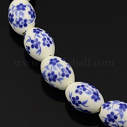 Abalorios ovaladas porcelana hecha a mano de la flor impresa hebras, azul real, 16x11mm, agujero: 3 mm, aproximamente 23 pcs / cadena, 14 pulgada