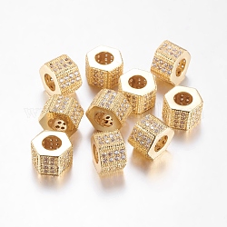 Brass Cubic Zirconia Beads, Hexagon, Golden, 8x10mm, Hole: 6.5mm