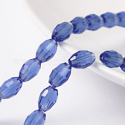 Faceted Glass Beads Strands, Oval, Blue, about 6mm long, 4mm thick, hole: 1mm, about 72pcs/strand