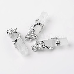 Tube Natural Crystal Pendants, with Dragon Brass Findings, Platinum, 48x15x10mm, Hole: 7x5mm