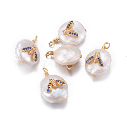 Natural Cultured Freshwater Pearl Pendants, with Brass Micro Pave Cubic Zirconia Findings, Nuggets with Insect, Golden, Dark Blue, 17~26x11~16x5~11mm, Hole: 1.6~2mm