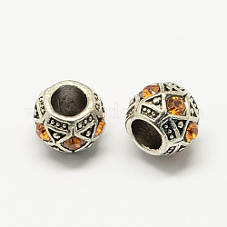 Perles européennes en alliage avec strass, Rondelle de grandes perles de trou, argent antique, topaze, 11x8~9mm, Trou: 5~6mm