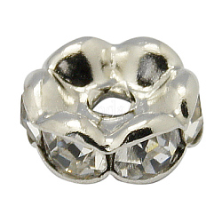 Perles séparateurs en laiton avec strass, grade AAA, bord ondulé, sans nickel, de couleur métal platine , rondelle, cristal, 8x3.8mm, Trou: 1.5mm