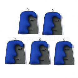 Pendentifs acryliques, avec de la résine, avec boucles en laiton plaqué or clair, visage, bleu moyen, 36x27x8mm, Trou: 1.5mm