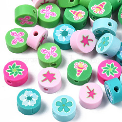 Handmade Polymer Clay Beads, Flat Round with Plant/Animal, Mixed Color, 9~10x4~5mm, Hole: 1.6mm