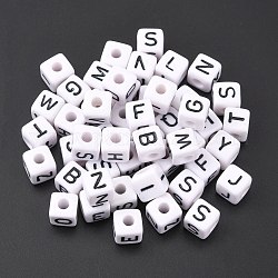 Large Hole Acrylic European Beads, Horizontal Hole, White & Black, Cube with Letter, Random Mixed Letters, 10x10x10mm, Hole: 4mm, about 564pcs/500g