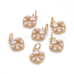 Brass Micro Pave Cubic Zirconia Charms, with Plastic Imitation Pearl and Jump Rings, Heart, Clear, Golden, 11.5x9.5x3mm, Hole: 3mm