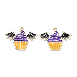 Halloween Alloy Enamel Pendant, Bat with Cake, Light Gold, 22x30x1mm, Hole: 1.5mm