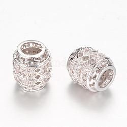 Ottone micro spianare perline europei zirconi, placcato di lunga durata, barile, platino, 10x9mm, Foro: 5 mm