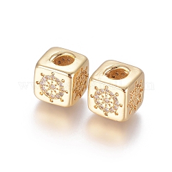 Brass Micro Pave Cubic Zirconia Beads, Long-Lasting Plated, Cube with Anchor & Helm Pattern, Golden, Clear, Golden, 10x8x8.5mm, Hole: 1.5x3.5mm and 4mm