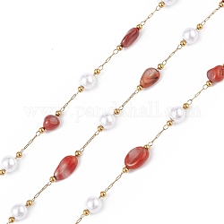 Pepita de ágata roja natural y cadena de perlas de imitación de vidrio, con cadenas satelitales de acero inoxidable 304 doradas, sin soldar, con carrete, 5~12x4~8x4~7mm, 6x5mm, 2.5x2mm, aproximadamente 32.81 pie (10 m) / rollo
