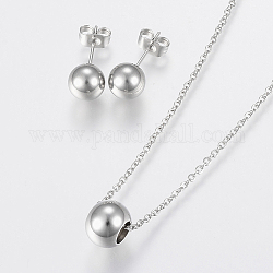 304 Stainless Steel Jewelry Sets, Pendant Necklaces and Stud Earrings, Round, Stainless Steel Color, 17.71 inch(45cm), 19x8mm, Pin: 0.8mm