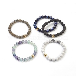 Perles naturelles mixtes de pierre étendent bracelets, avec des billes en acier inoxydable, ronde, Emballage en toile de jute, or, 2-1/8 pouce (5.5 cm), sac: 12x8.5x3cm