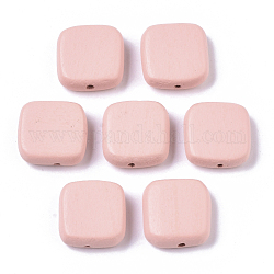 Painted Natural Wood Beads, Square, Pink, 16x15x5.5mm, Hole: 1.5mm