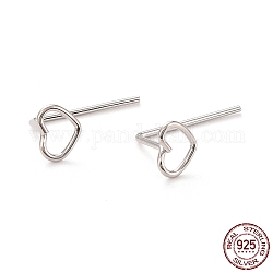 Open Heart Stud Earrings, Dainty Minimalist Rhodium Plated 925 Sterling Silver Earrings for Girl Women, Platinum, 14mm, Pin: 1mm