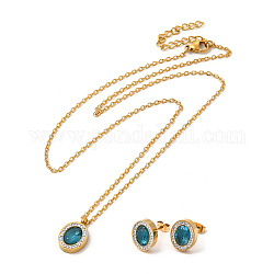 Dark Cyan Cuibc Zirconia Oval Stud Earring & Pendant Nacklace with Crystal Rhinestone, Vacuum Plating 304 Stainless Steel Jewelry Set for Women, Golden, Necklace: 453mm, Earring: 12x10mm, Pin: 0.8mm
