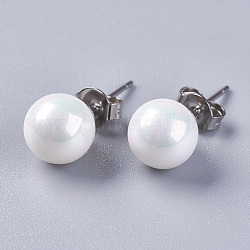 Orecchini a bottone a sfera con perla con conchiglia elettroplaccata, con 304 scoperte in acciaio inox, bianco, 20x8mm, pin: su 0.6 mm