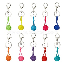 Porte-clés pendentif boule tressée en polyester et spandex, avec les accessoires en alliage, pour femme sac clé de voiture décoration, couleur mixte, 11.7 cm